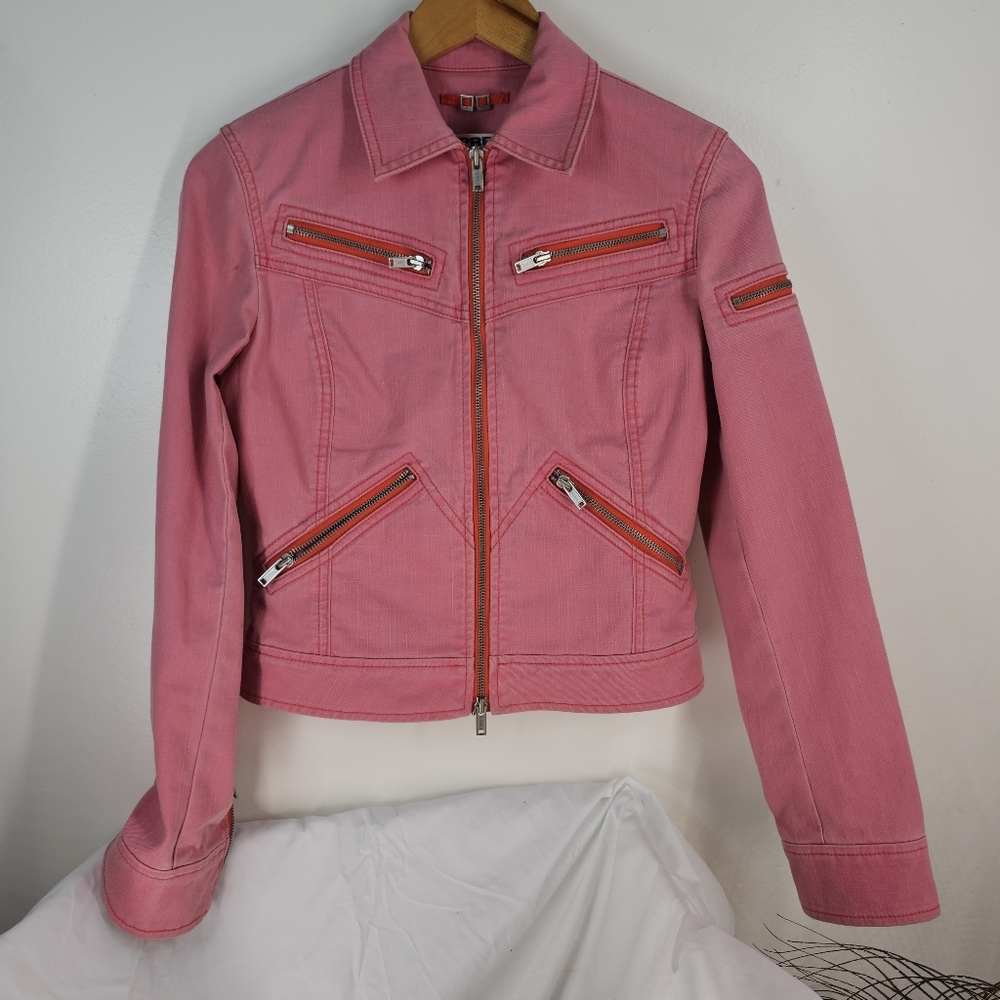 Pink denim "biker" style jacket by Express size small